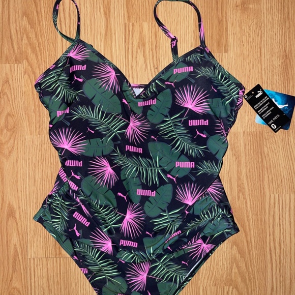 NWT Puma Black One Piece Swimsuit with Green and Pink Leaves Size Large - Picture 3 of 5